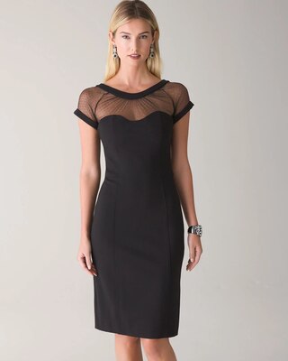 Petite Swiss Dot & Mesh Neckline Black Dress