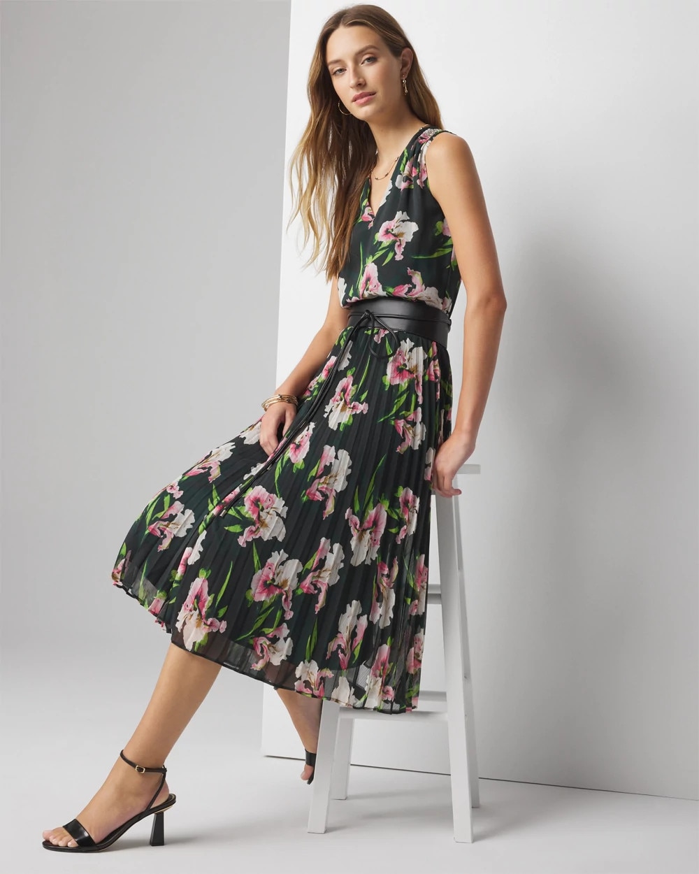 Sleeveless V-Neck Smocked Pleated Midi Dress