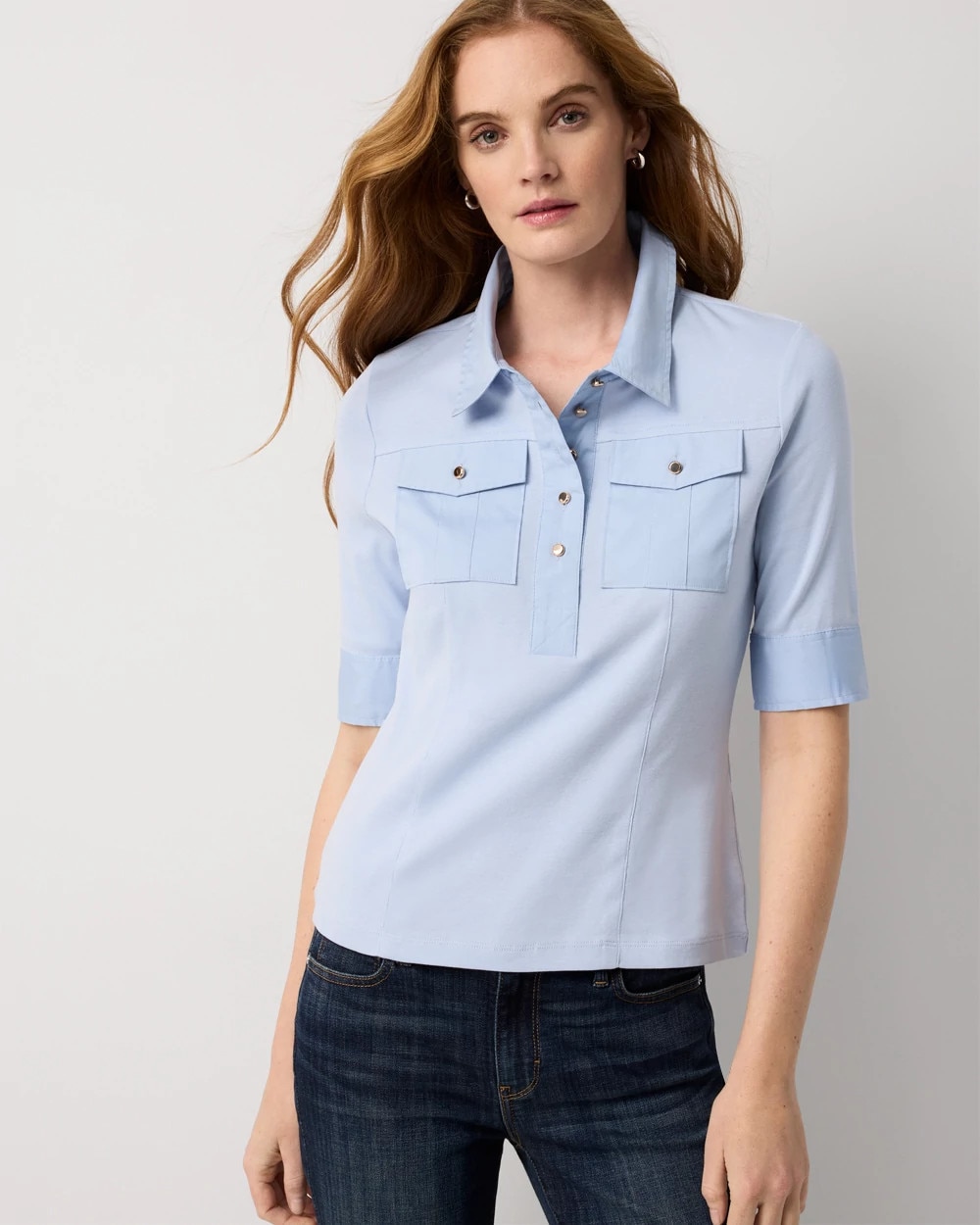 Poplin Detail Knit Polo Henley