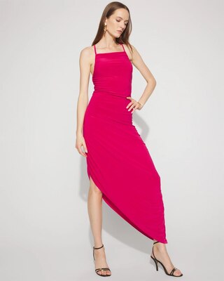 Jersey-Knit Ruched Midi Dress with Asymmetric Hem