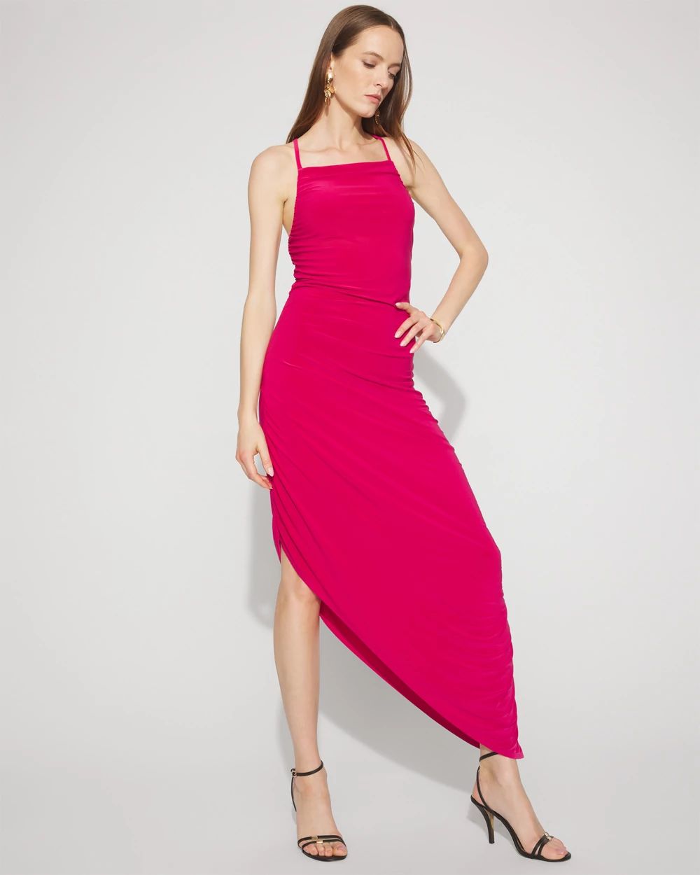 Jersey-Knit Ruched Midi Dress with Asymmetric Hem