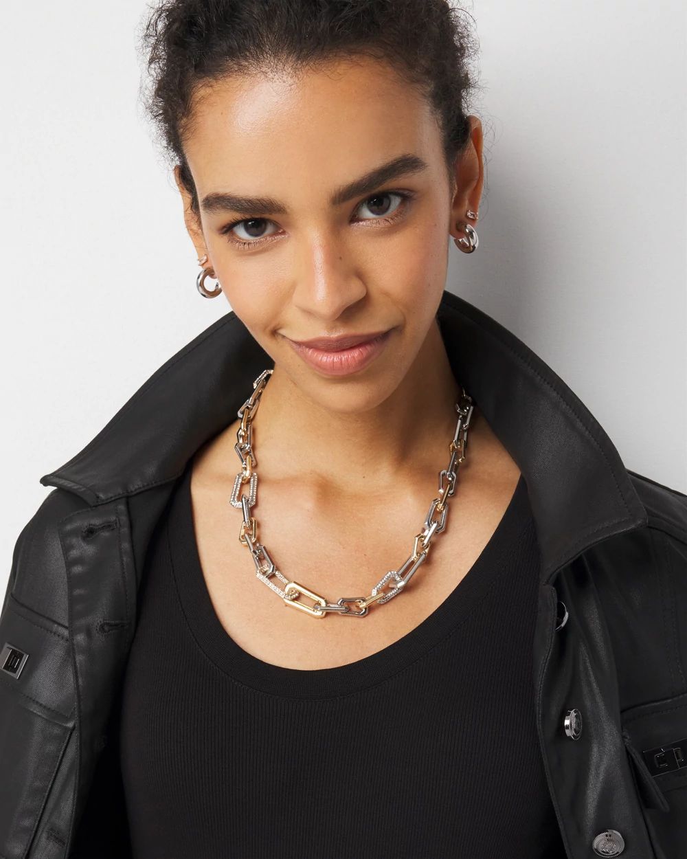 Mixed Metal Chain Link Pavé Necklace