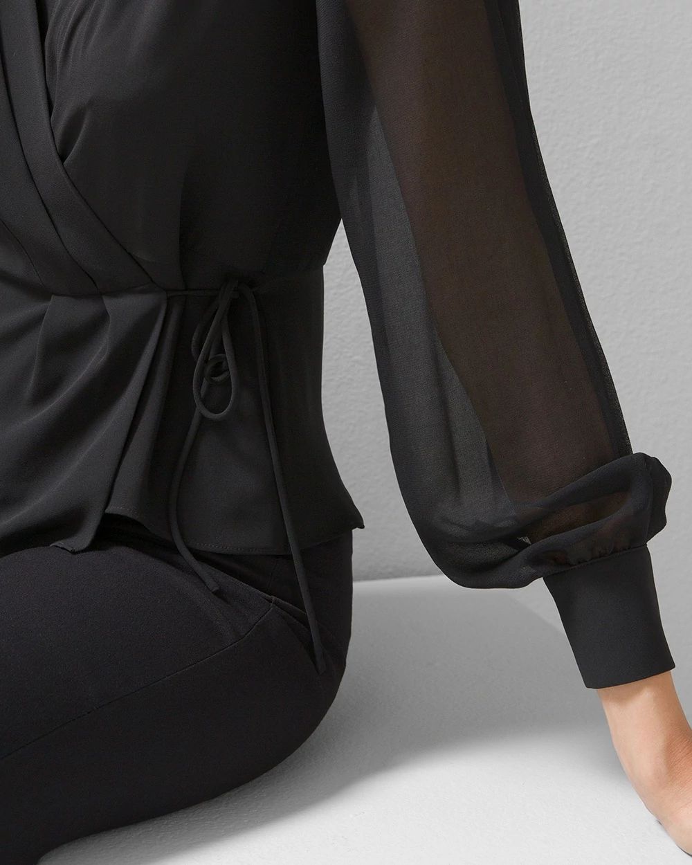 Long-Sleeve Pleat-Back Surplice Blouse