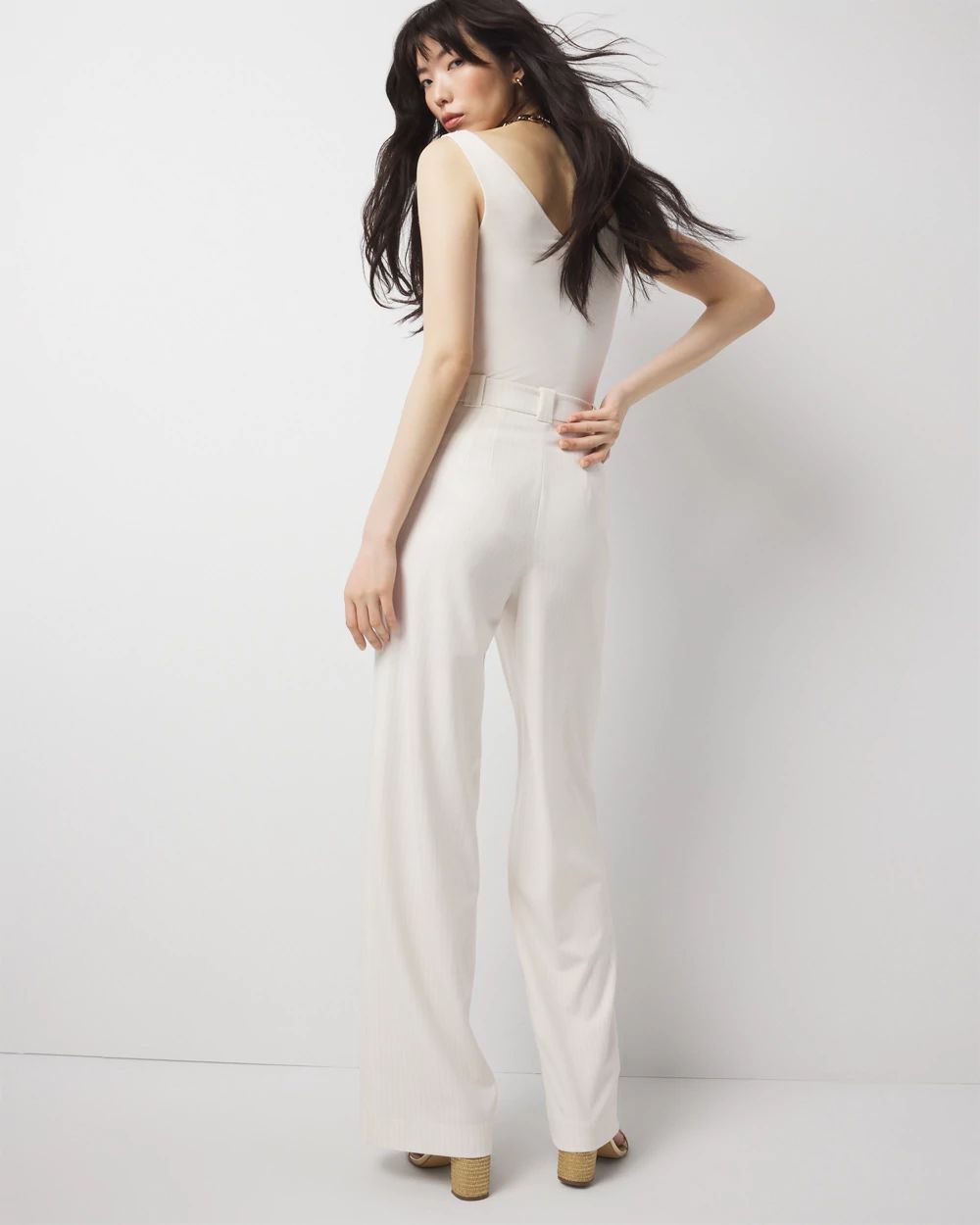 Pinstripe Button-Tab Wide Leg Trouser