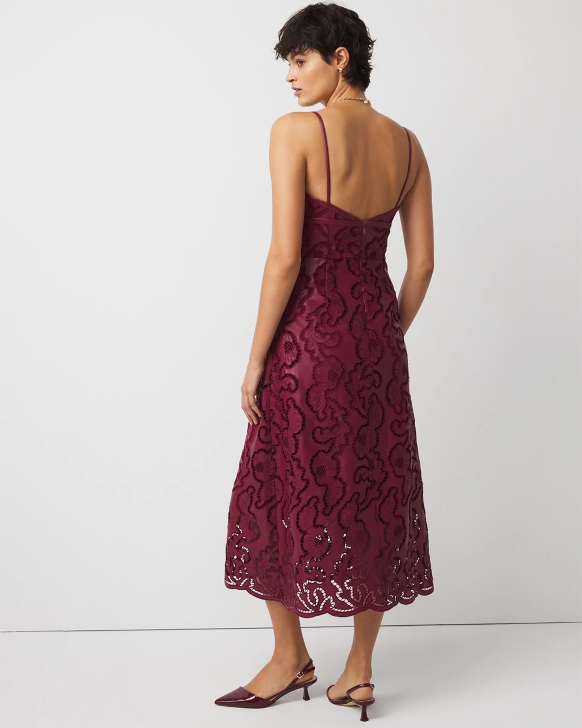 White House Black Market Faux Leather Lace Midi Dress In Burgundy