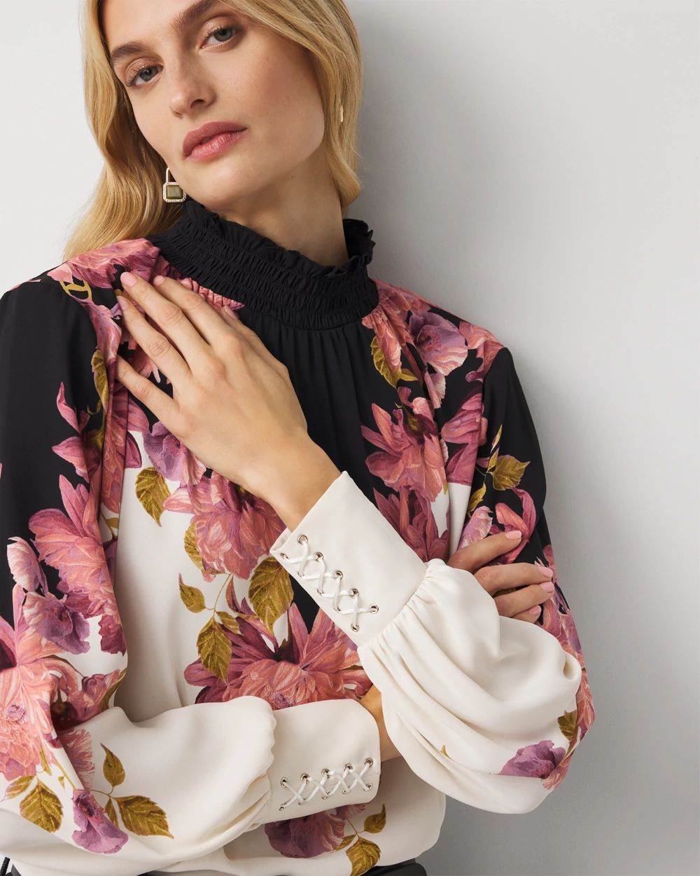 Smocked Neck Crepe Blouse click to view larger image.