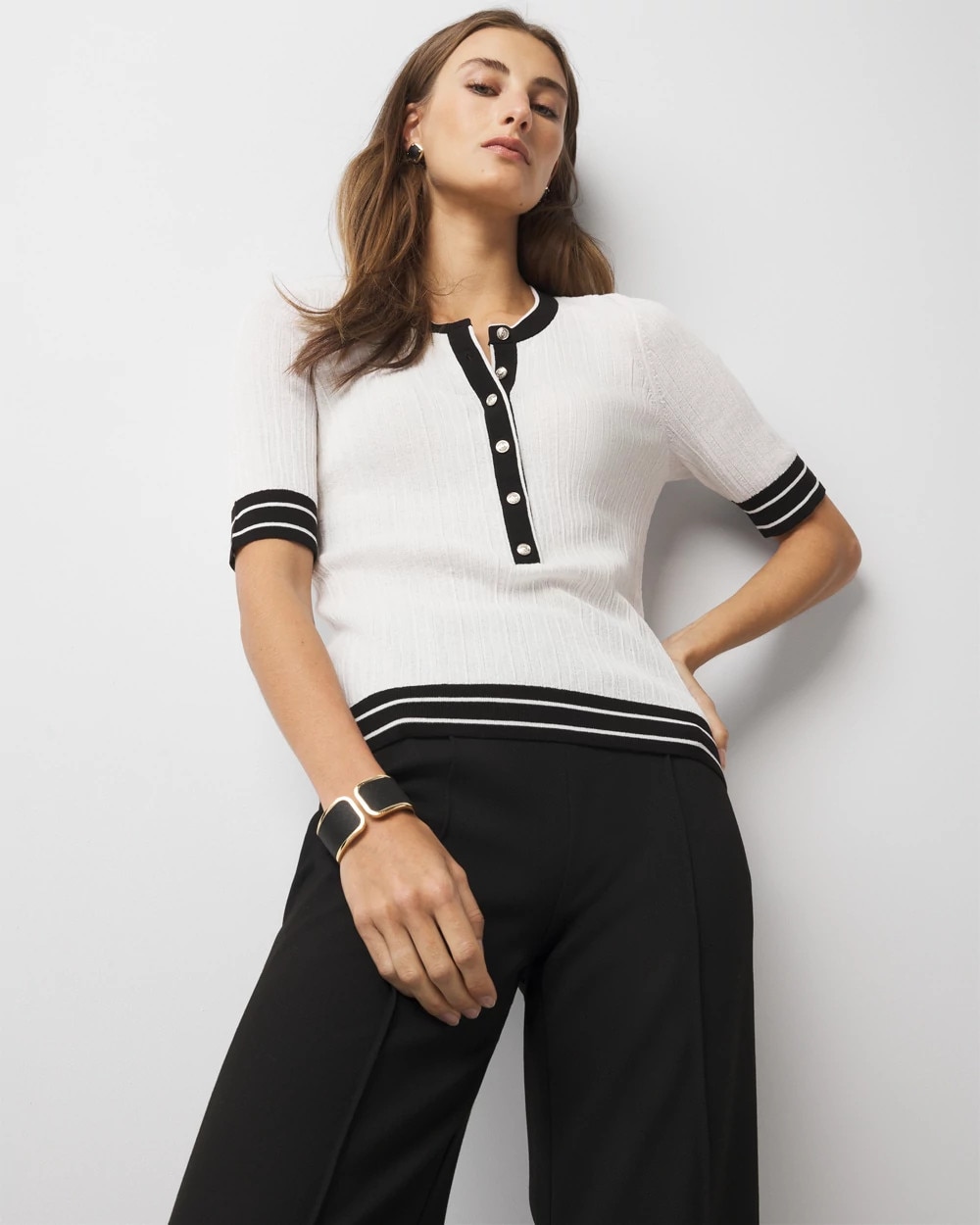 Elbow-Sleeve Henley Sweater