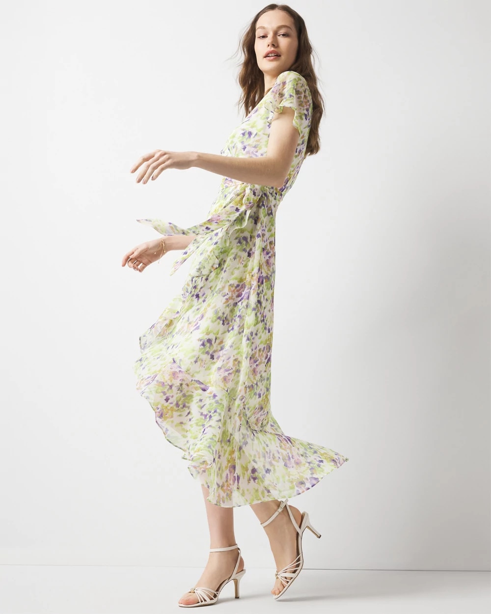 Short Sleeve Flutter Wrap Midi Dress