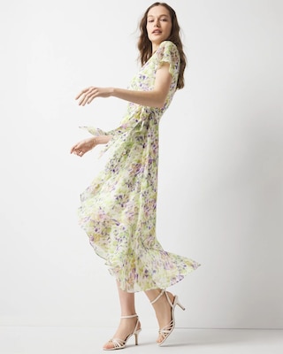 Short Sleeve Flutter Wrap Midi Dress