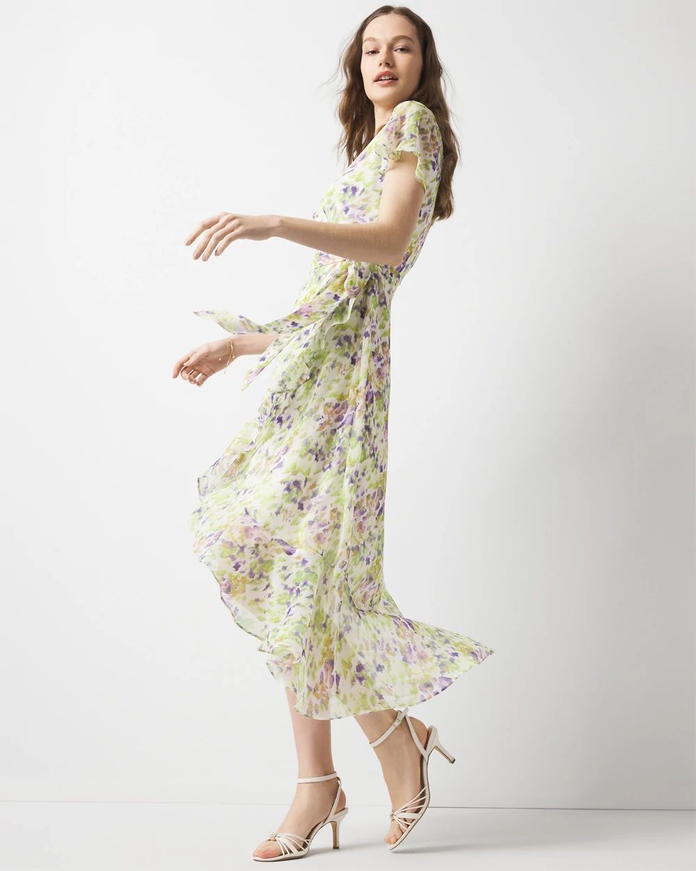 Short Sleeve Flutter Wrap Midi Dress
