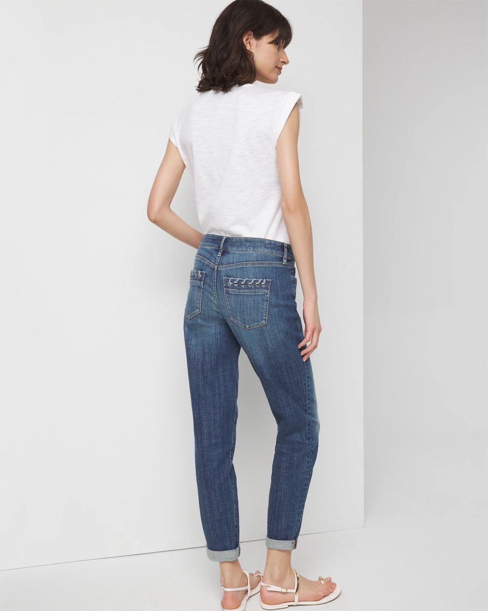 Mid-Rise Everyday Soft Denim  Grommet Girlfriend Jean click to view larger image.