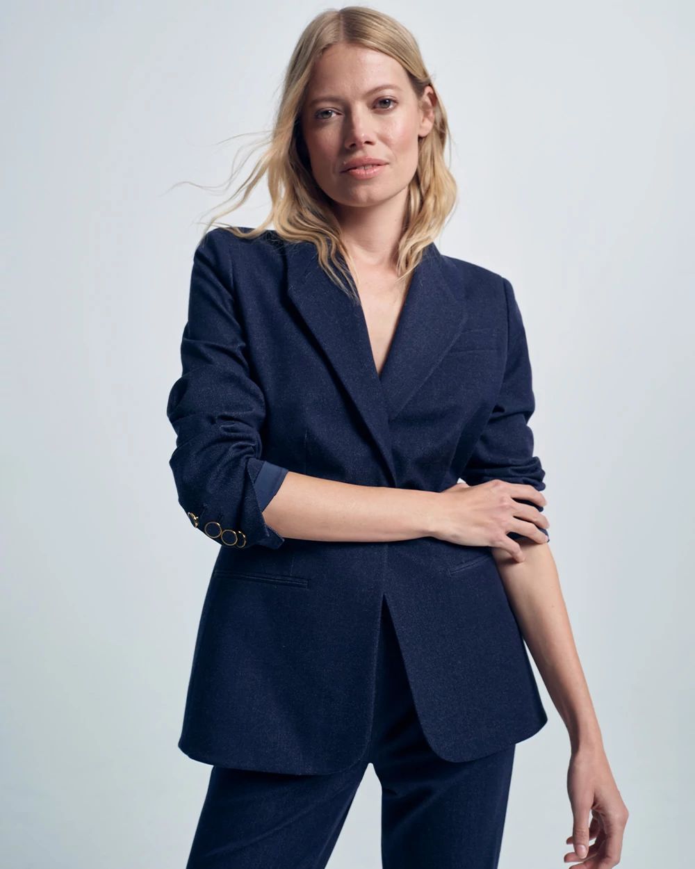 Denim-Look One-Button Blazer