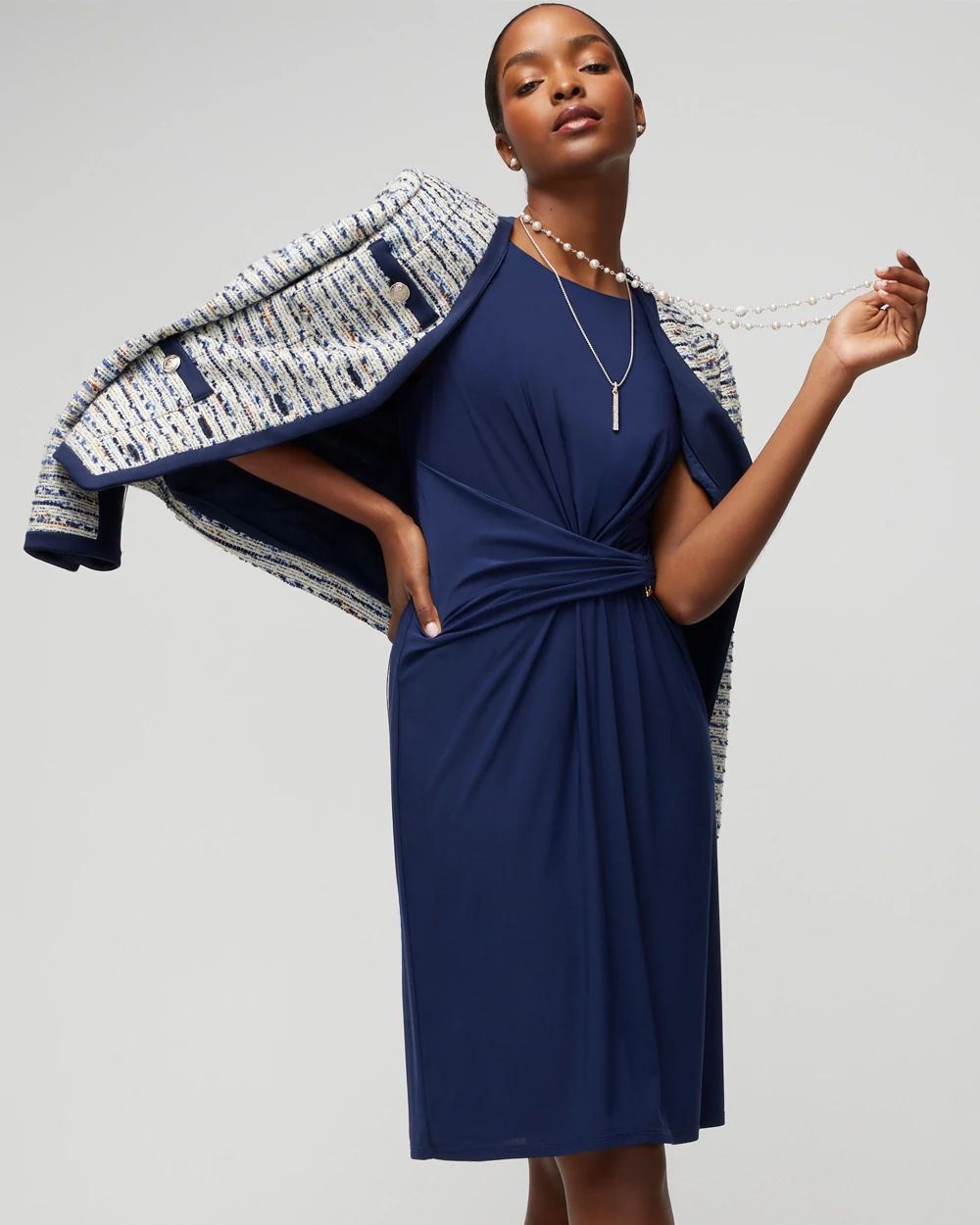 Sleeveless Draped Metal Detail Matte Jersey Dress