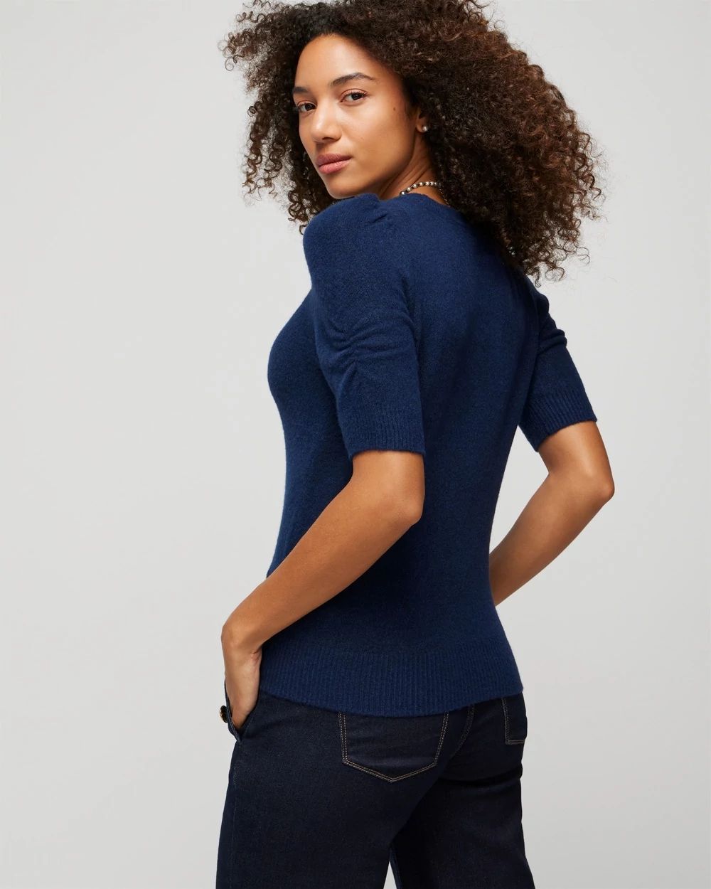 Elbow-Sleeve Soft Crew Gathered Pull Over