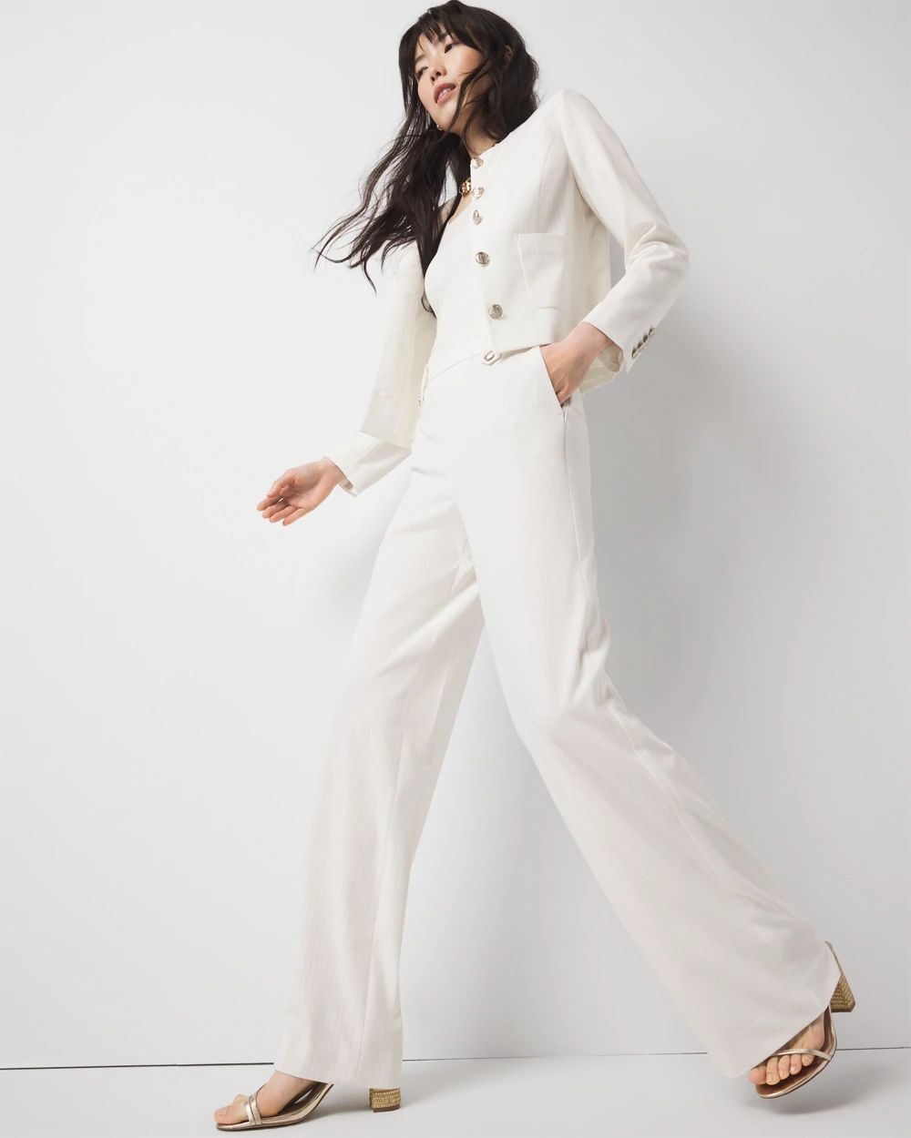 Pinstripe Button-Tab Wide Leg Trouser