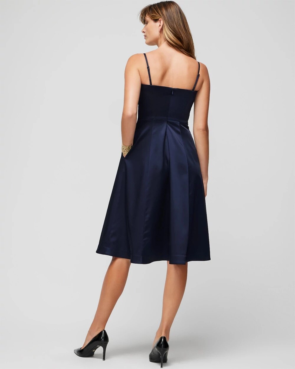 Petite Sleeveless Satin Draped Fit & Flare Midi - image 4
