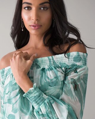 Floral-Print Off-The-Shoulder Mesh Top