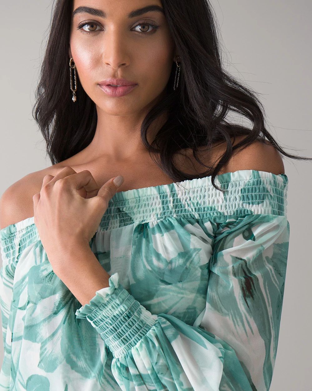 Floral-Print Off-The-Shoulder Mesh Top