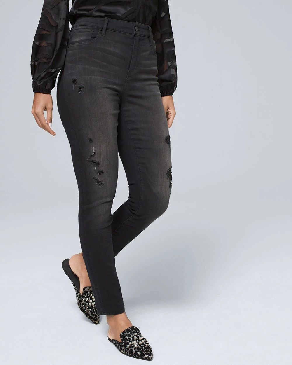 Curvy-Fit High-Rise Sequin Destructed Skinny Jeans