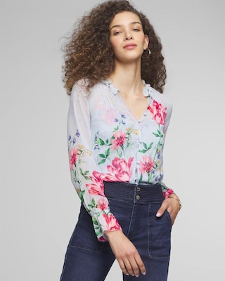 Long Sleeve V-Neck Pintuck Detail Blouse