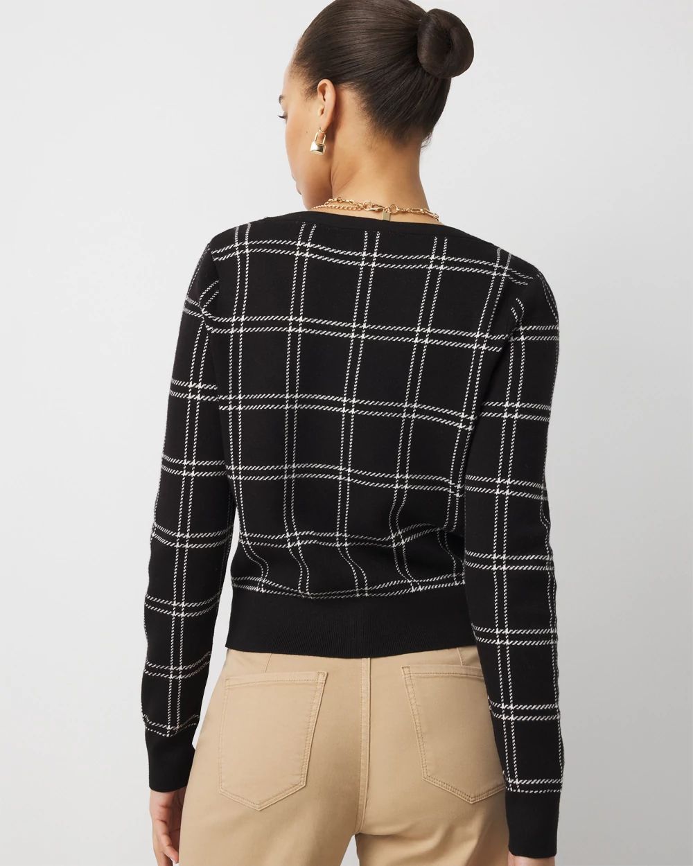 Petite Sweetheart Neck Plaid Cardigan