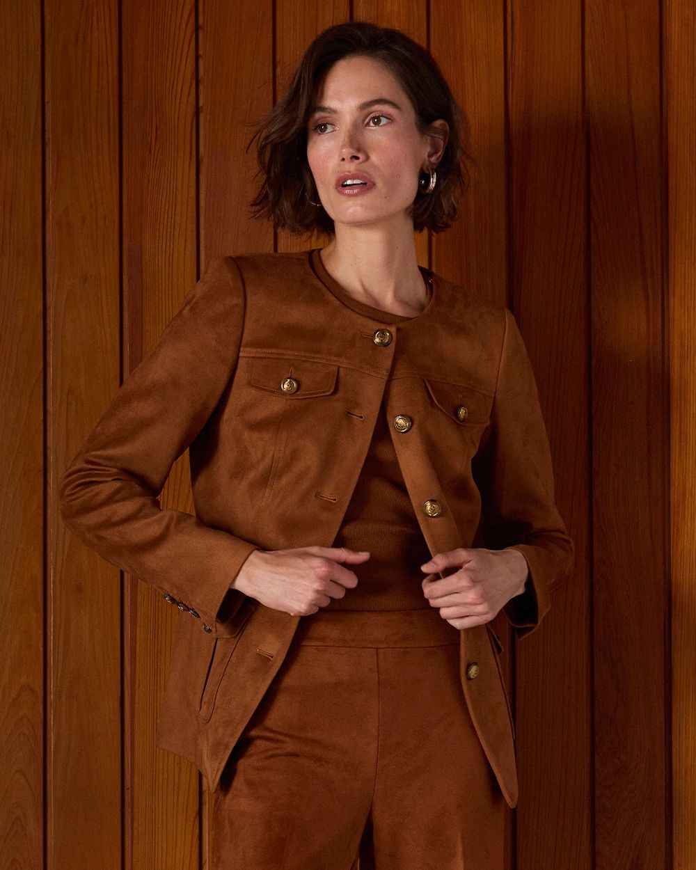 Faux Suede Collarless Jacket