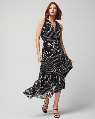 Sleeveless Smocked V-Neck Pleated Midi Dress