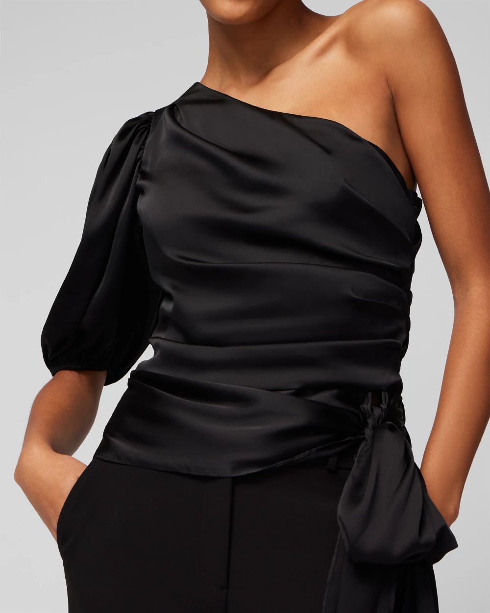 One Shoulder Satin Tie Blouse click to view larger image.