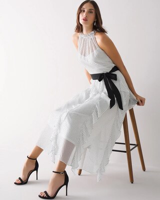 Sleeveless Flock-Dot Ruffled Midi Dress