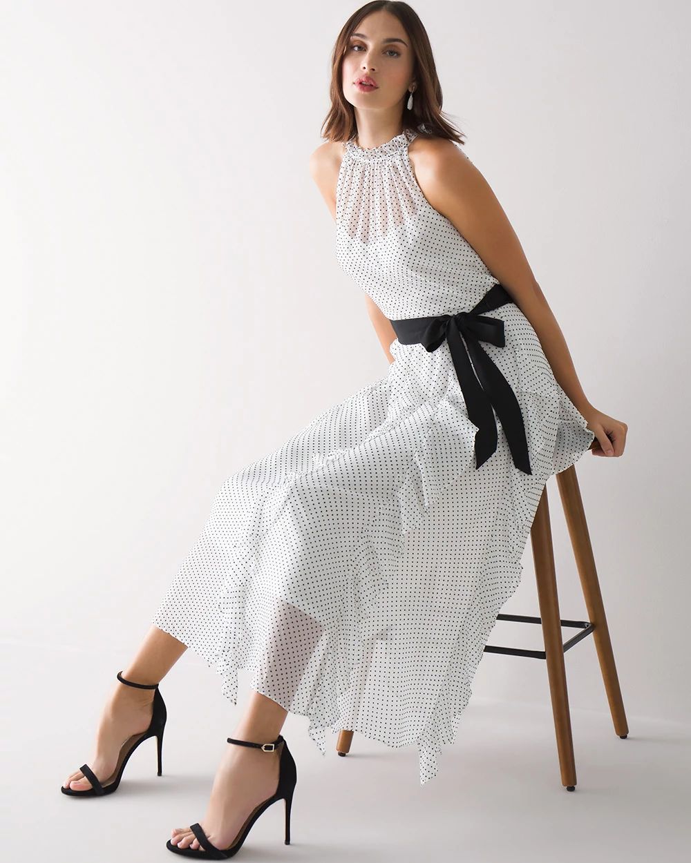 Sleeveless Flock-Dot Ruffled Midi Dress