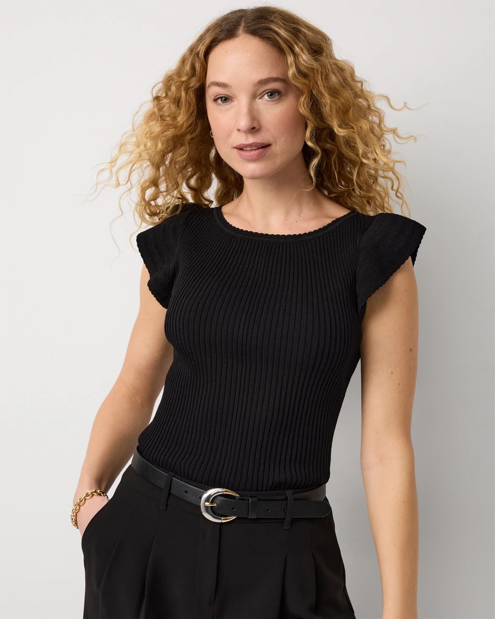 Flutter Sleeve Ribbed Pullover Sweater - image 1