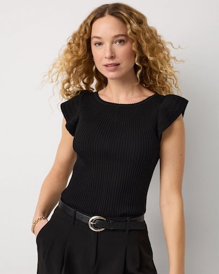 Flutter Sleeve Ribbed Pullover Sweater