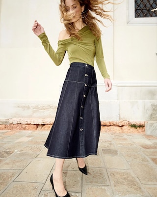 Drop Waist Denim A-Line Midi Skirt click to view larger image.
