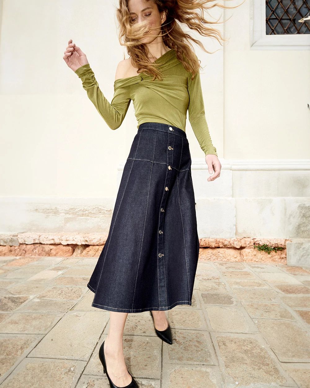 Drop Waist Denim A-Line Midi Skirt