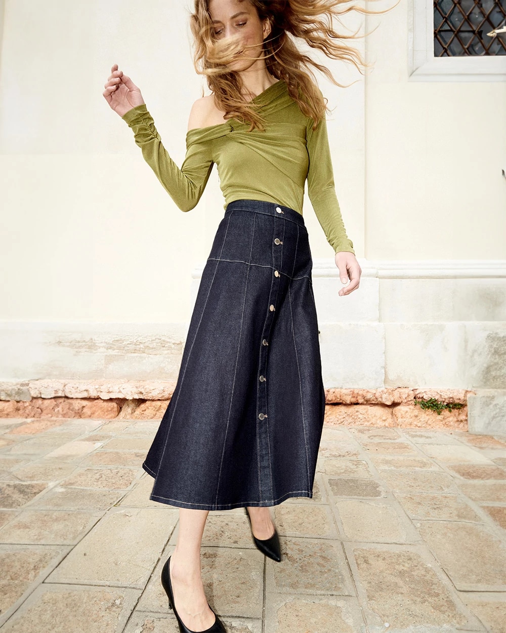 Drop Waist Denim A-Line Midi Skirt