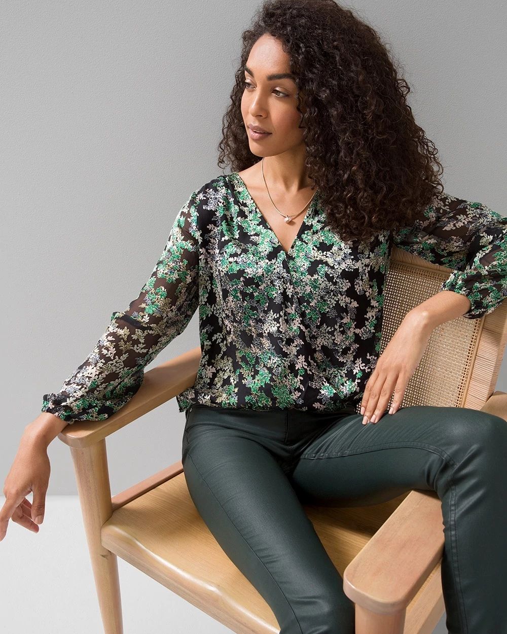 Petite Long Sleeve Silk Burnout Blouse click to view larger image.