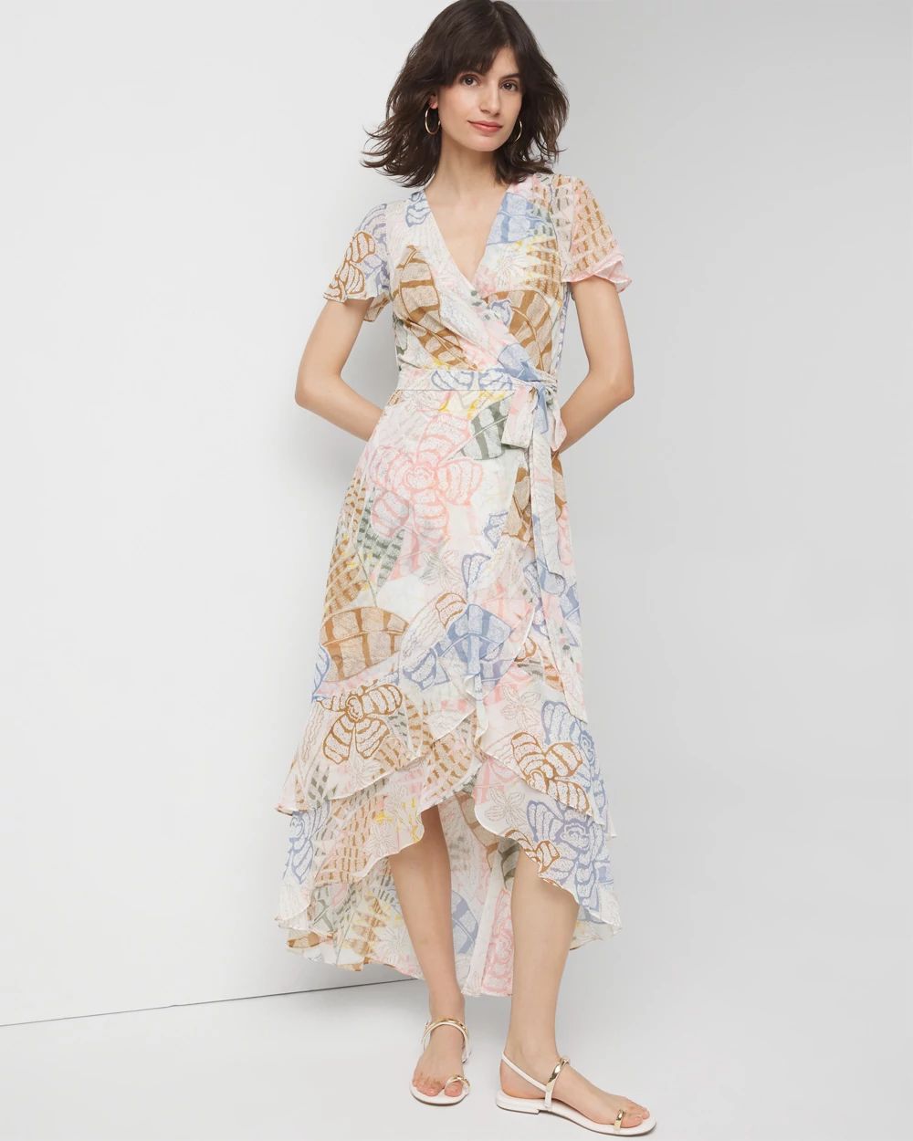 Petite Short Sleeve Flutter Wrap Midi Dress