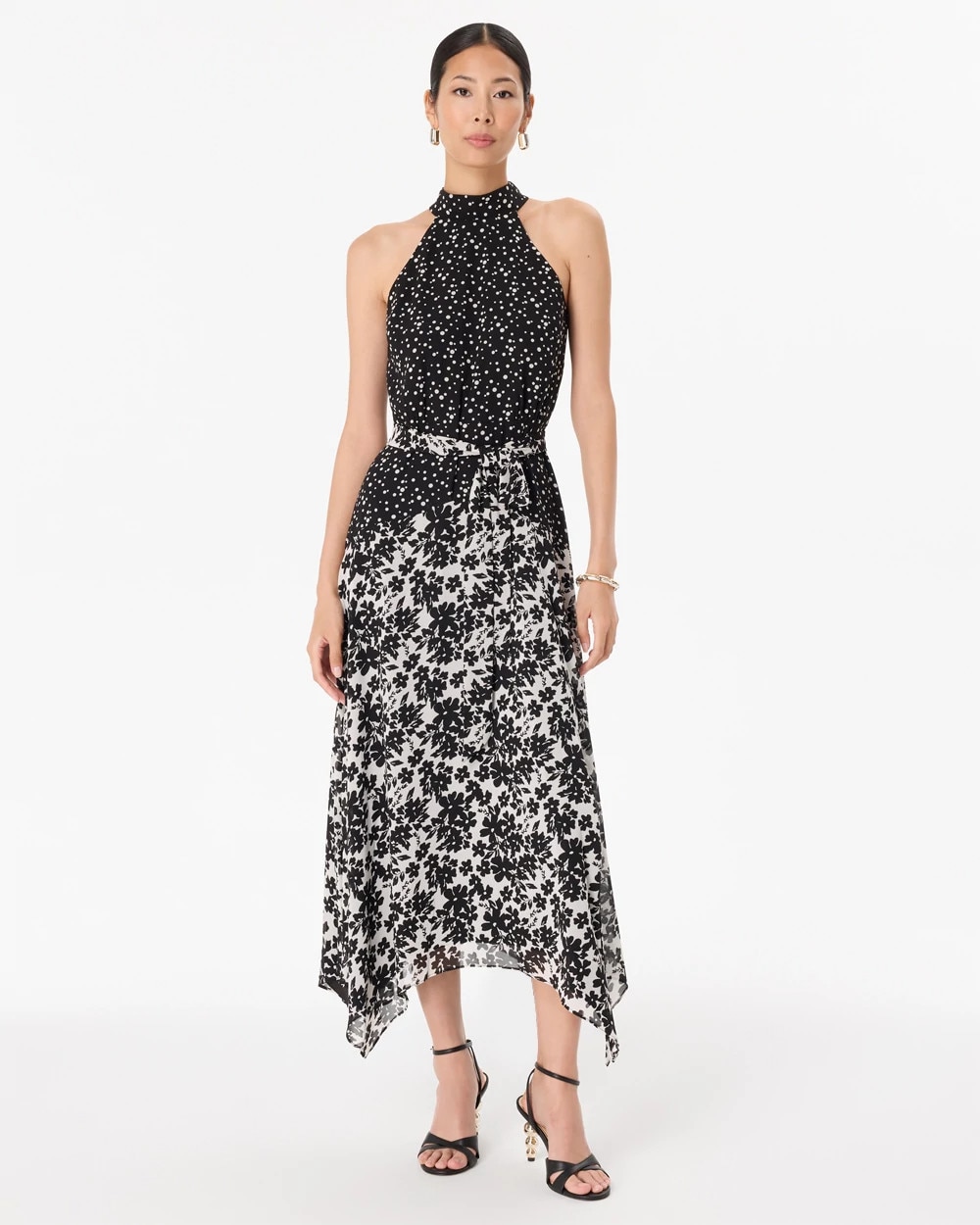 Handkerchief Hem Chiffon Halter Midi Dress