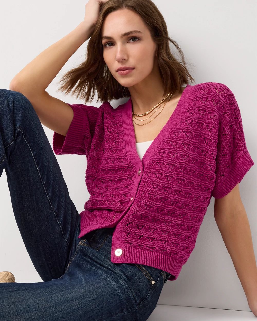Cotton-Blend Short Sleeve Cardigan