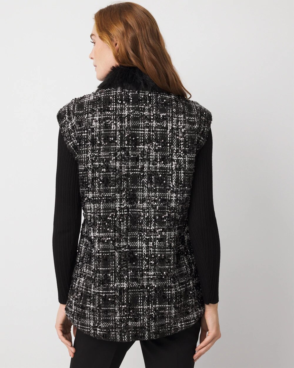 Convertible Faux Fur Sequin Tweed Vest