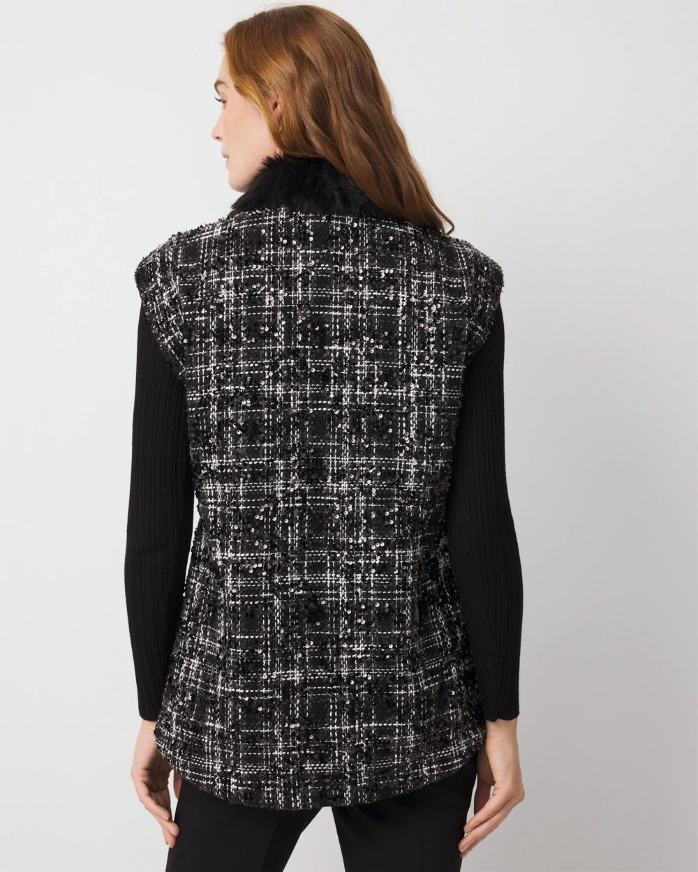 Convertible Faux Fur Sequin Tweed Vest