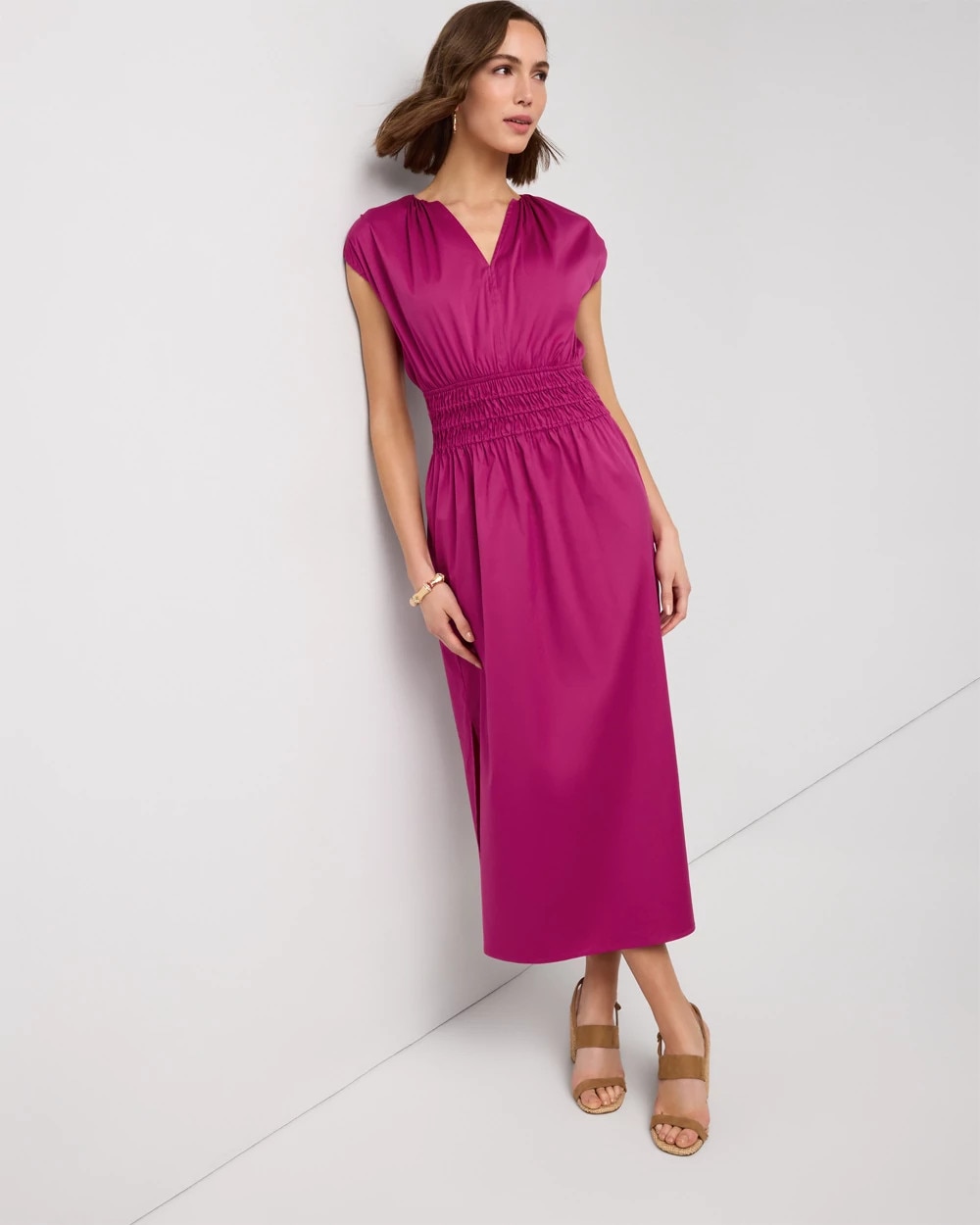 Smocked Waist Poplin Midi Dress