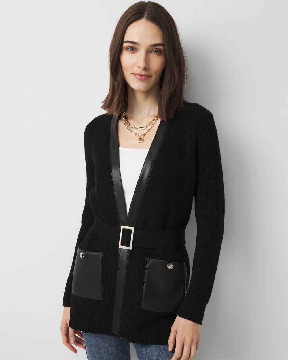 Faux Leather Trim Cardigan