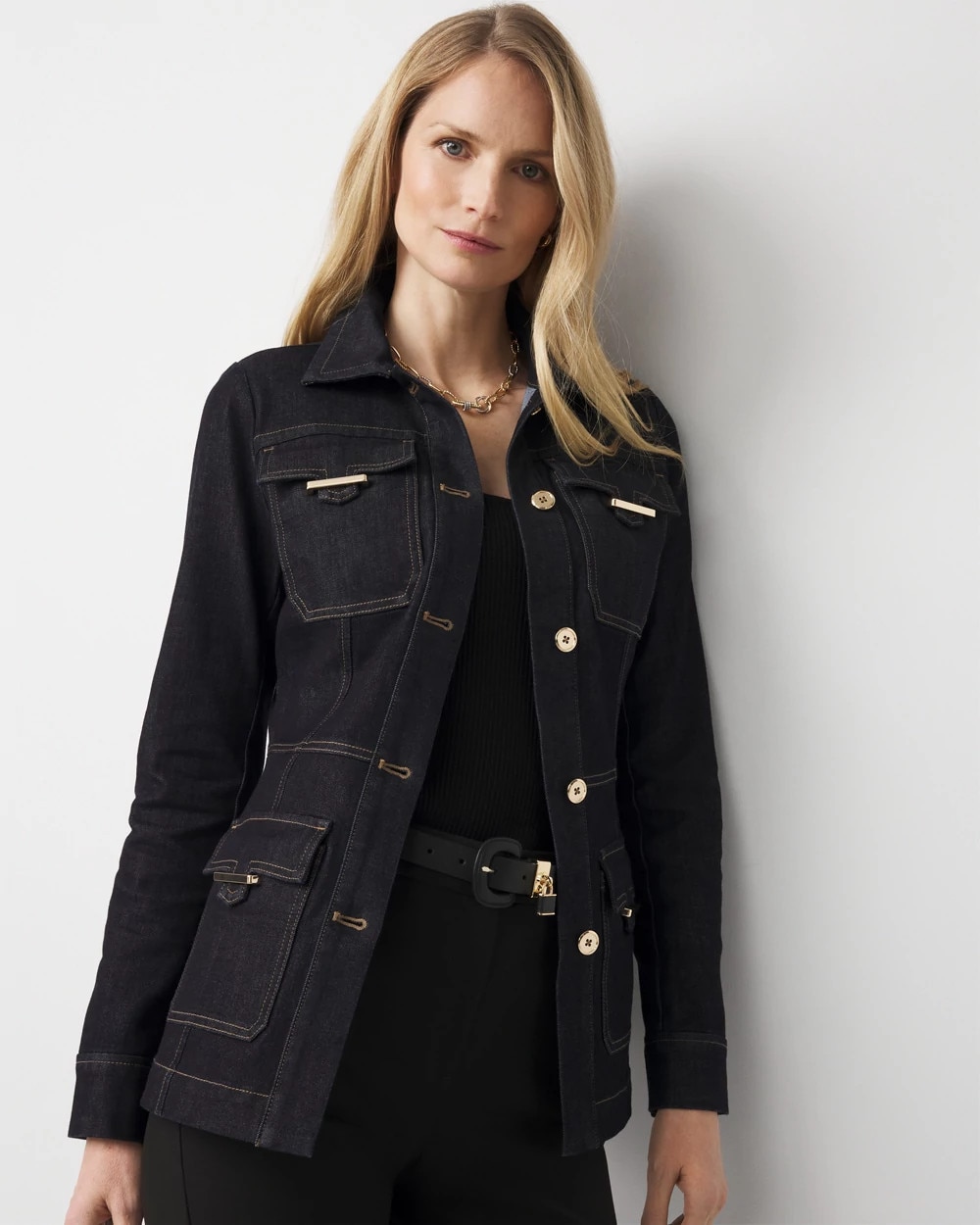 Women's Petite Denim Utility Jacket in Dark Wash Denim size XL | White House Black Market
