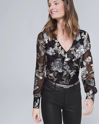 Silk-Blend Floral Burnout Blouse