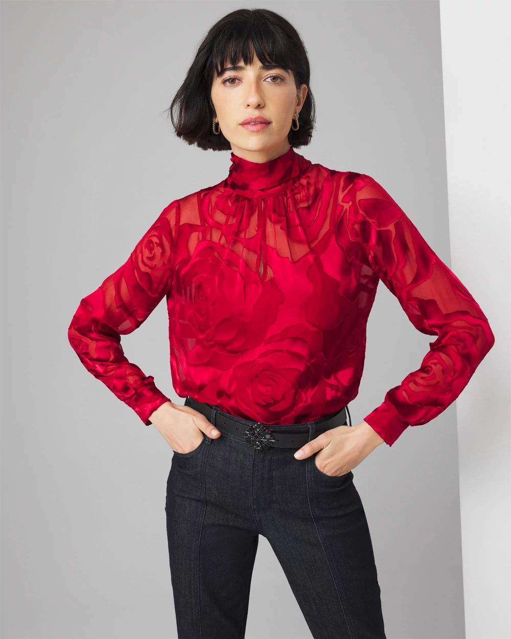 Petite Rose Print Burnout Blouse