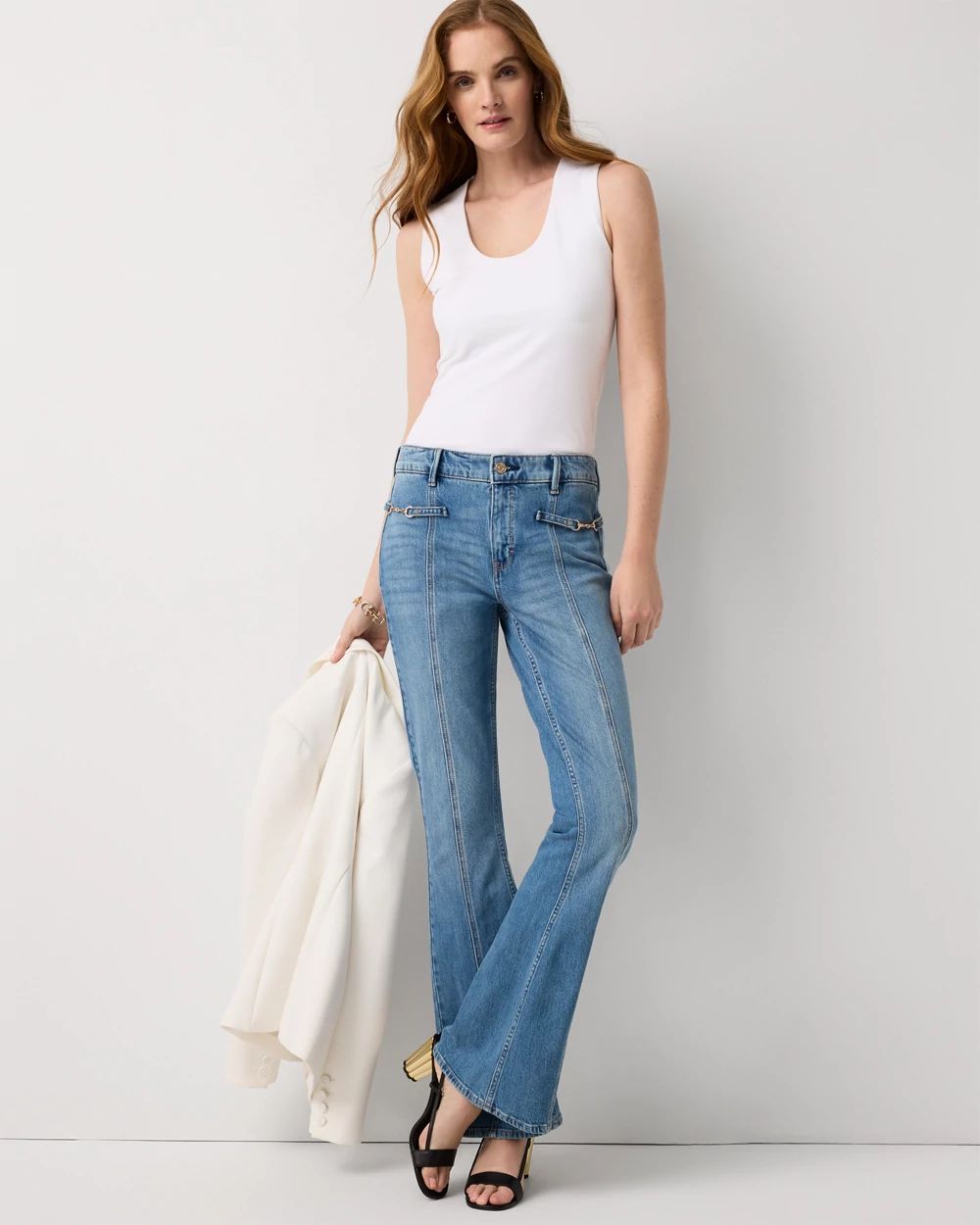 Petite Pintuck Horsebit High Rise Flare Jean