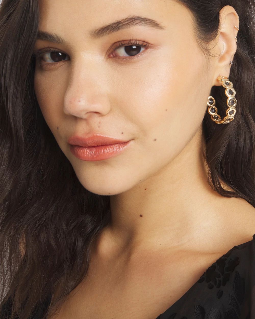 Gold Round Crystal Hoop Earrings