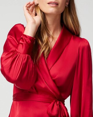 Petite Long Sleeve Wrap Satin Blouse