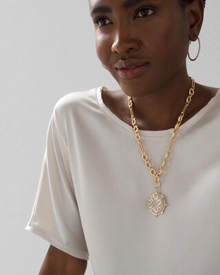 Goldtone Compass & Logo Necklace